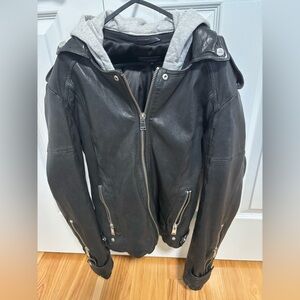 Lamarque Black Leather Bomber with Gray Hood